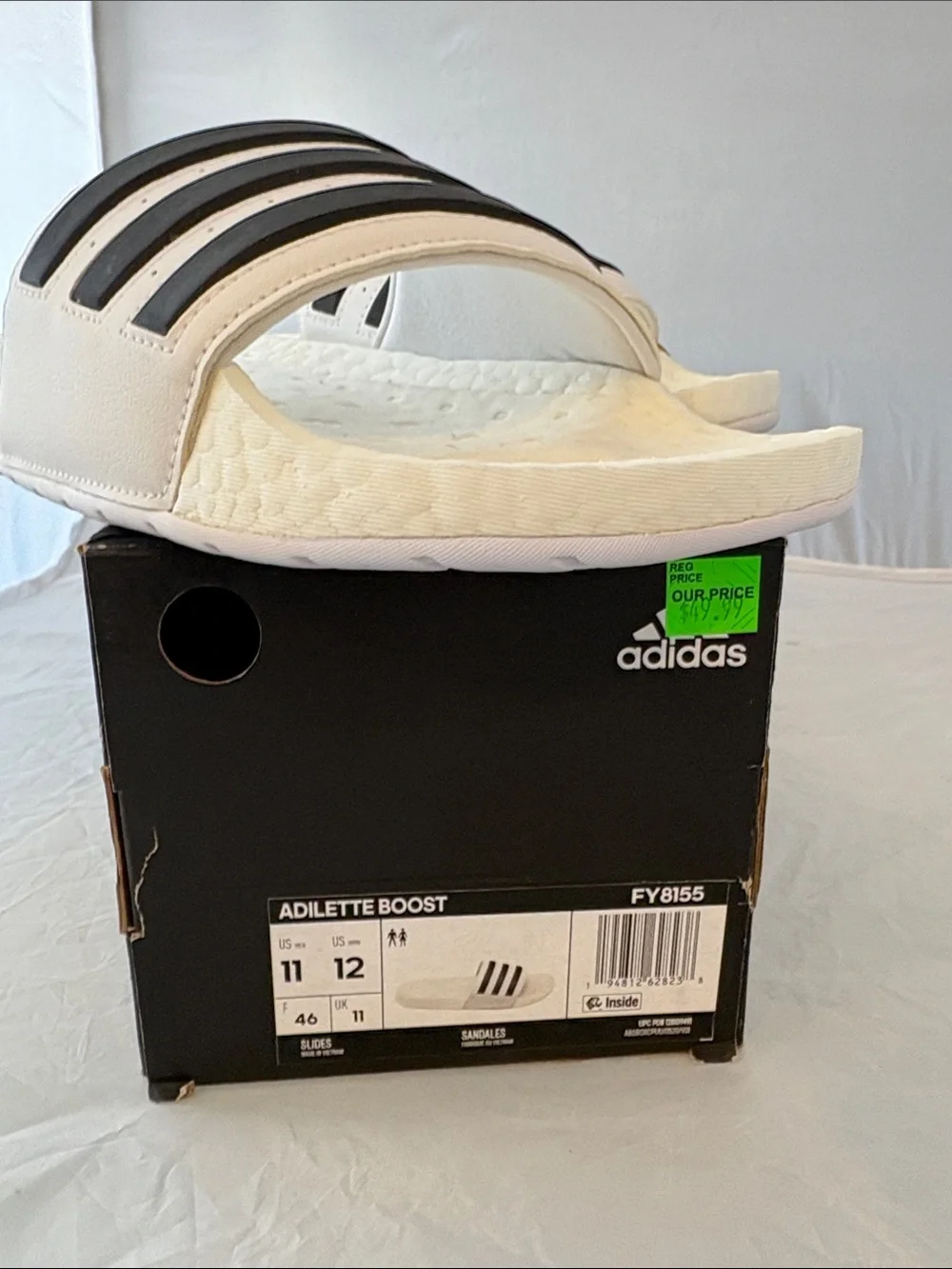 New Adidas Adilette Boost White Slide Sandals with Black Stripes Men’s size 11